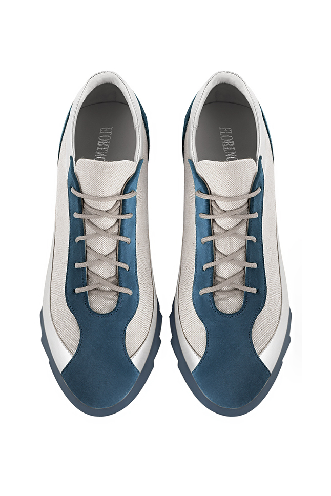 Peacock blue and light silver women's two-tone elegant sneakers. Round toe. Low rubber soles. Top view - Florence KOOIJMAN